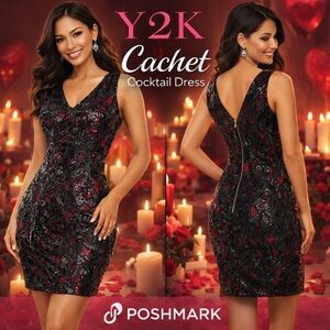 VTG Cache Black Sequin Floral Overlay Rich Red Satin Cocktail Dress,EUC,Size 0